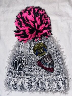 Place Kids Fuzzy Knit Pom Hat with Patches - Pink & Gray